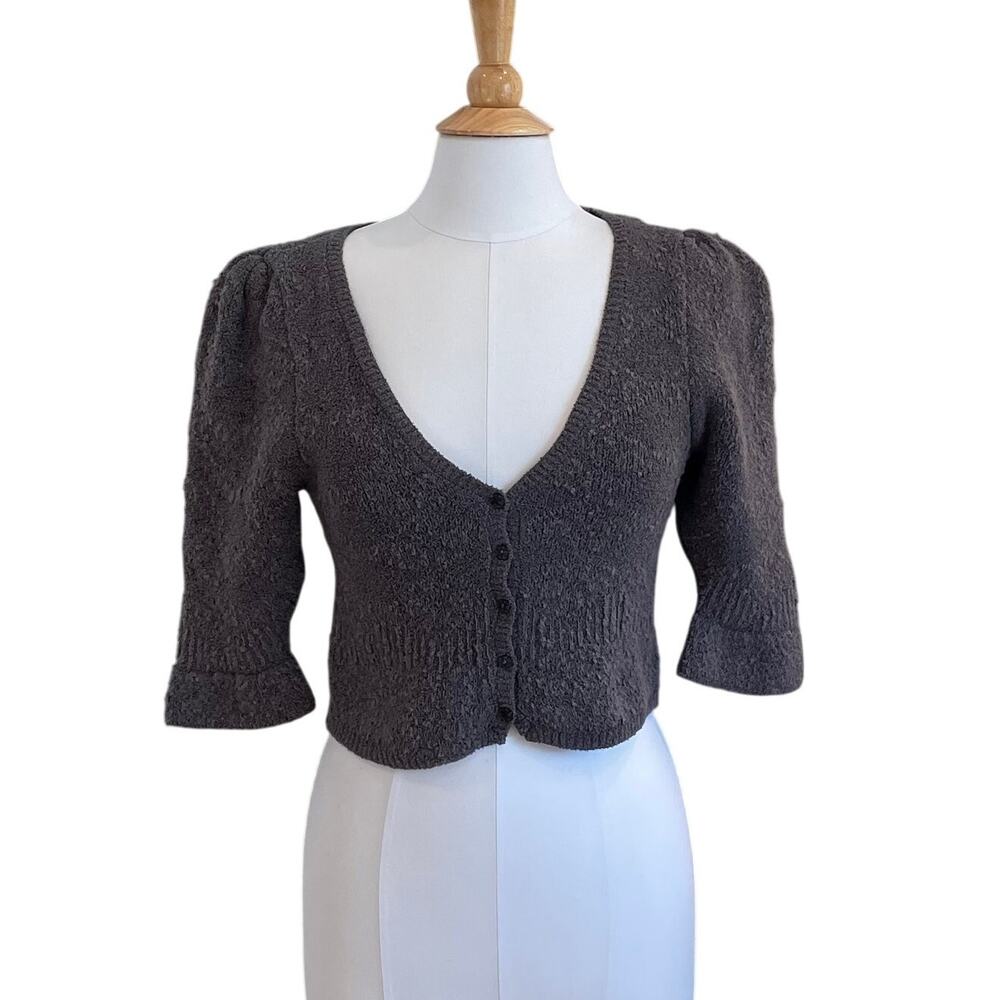 New Free People Charcoal Gray Puff Sleeve Cropped Cardigan Sweater, Boho, S